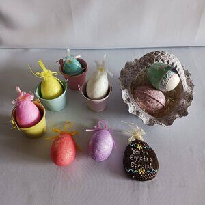 Easter Lot of Vintage Basket, Ornaments, And Mini Buckets